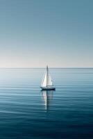 ai généré une serein, minimaliste paysage marin avec une solitaire voilier sur calme, Azur des eaux photo