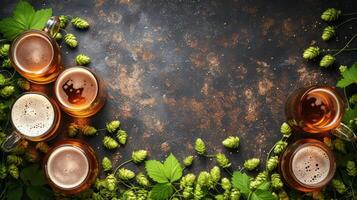 ai généré artistique Bière des tasses et le houblon motifs, incorporant le artisanat Bière scène. photo