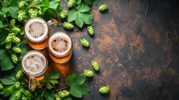 ai généré artistique Bière des tasses et le houblon motifs, incorporant le artisanat Bière scène. photo