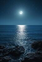 ai généré éclairé par la lune paysage marin. argent et indigo nuances mélange, prestidigitation le tranquillité de une éclairé par la lune paysage marin en dessous de une étoilé ciel. photo