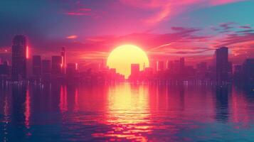 ai généré synthwave le coucher du soleil. une le coucher du soleil plus de une futuriste ville horizon avec néon lumières, inspiré par synthwave la musique photo