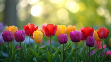 ai généré tulipe sérénité. vibrant tulipes dans plein Floraison ensemble contre une serein, flou Contexte photo