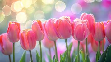 ai généré tulipe sérénité. vibrant tulipes dans plein Floraison ensemble contre une serein, flou Contexte photo