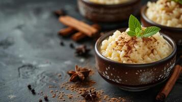 ai généré une classique riz pudding infusé avec vanille et garni avec cannelle photo