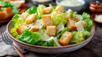 ai généré une classique César salade avec croustillant romaine laitue, Croûtons, Parmesan fromage photo