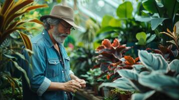 ai généré une diligent botaniste examiner une variété de exotique les plantes dans une magnifiquement paysager serre photo