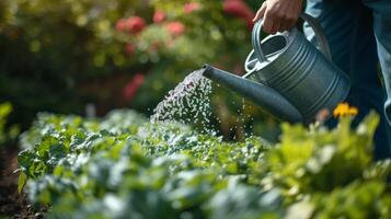 ai généré une qualifié jardinier gracieusement arrosage une rangée de prospère des légumes dans leur arrière-cour oasis photo
