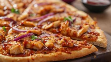 ai généré une tranche de un barbecue poulet pizza, orné avec soumissionner poulet, barbecue sauce, et rouge oignons photo