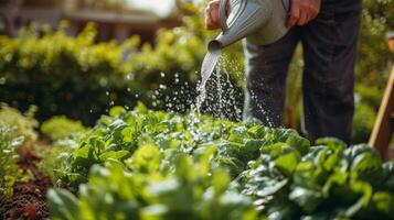 ai généré une qualifié jardinier gracieusement arrosage une rangée de prospère des légumes dans leur arrière-cour oasis photo