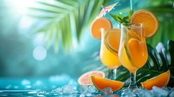 ai généré une tropical paradis réglage avec vibrant des cocktails orné avec fruit garnitures et parapluies photo