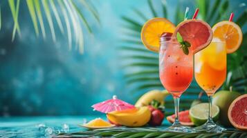 ai généré une tropical paradis réglage avec vibrant des cocktails orné avec fruit garnitures et parapluies photo