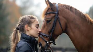 ai généré une cavalier et sa cheval partager un intime moment de lien et compréhension photo