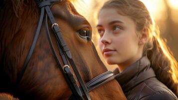 ai généré une cavalier et sa cheval partager un intime moment de lien et compréhension photo