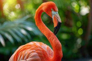 ai généré une Masculin flamant fièrement affiche ses brillant plumage pendant une vibrant cour Danse photo