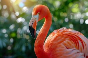 ai généré une Masculin flamant fièrement affiche ses brillant plumage pendant une vibrant cour Danse photo