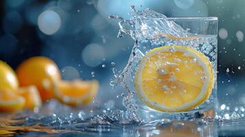 ai généré une citron moitié plonge dans une clair comme de l'eau de roche verre de eau, capturer une rafraîchissant moment photo