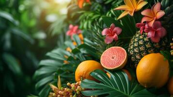 ai généré une éclater de tropical feuillage et vibrant des fruits ensemble le étape pour une vivant, exotique fête photo