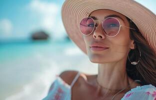 ai généré une femme avec une chapeau et Soleil des lunettes est relaxant sur plage photo