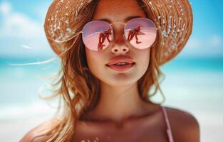 ai généré une femme avec une chapeau et Soleil des lunettes est relaxant sur plage photo