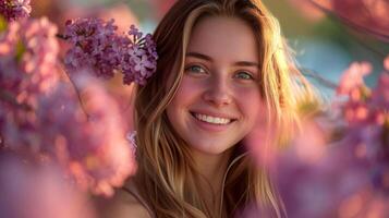 ai généré parmi une toile de fond de lilas fleurit, sa sourire brille brillant, capturer le essence de printemps photo