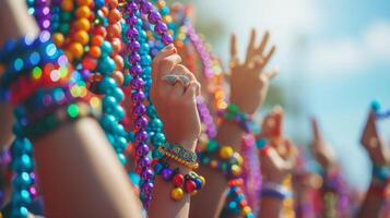 ai généré énergique scènes de les participants lancer cordes de coloré perles à applaudissement spectateurs pendant mardi gras festivités photo