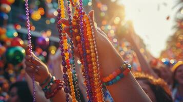 ai généré énergique scènes de les participants lancer cordes de coloré perles à applaudissement spectateurs pendant mardi gras festivités photo