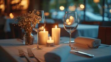 ai généré moderne restaurant réglages exsuder romance avec doux éclairage et élégant table réglages pour intime dîners photo