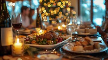 ai généré réconfortant images de des familles rassemblement pour une somptueux dîner à célébrer photo