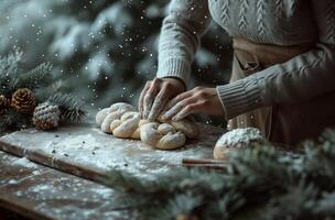 ai généré fille mains en dehors pâte et cannelle petits pains par table en dessous de des arbres photo