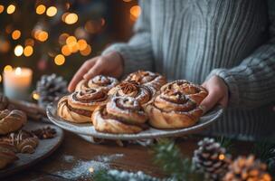 ai généré fille mains en dehors pâte et cannelle petits pains par table en dessous de des arbres photo