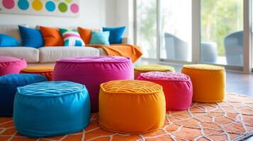 ai généré coloré, capricieux poufs ajouter une amusement et fonctionnel élément à une moderne enfants pièce photo