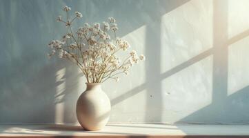 ai généré une vase rempli avec fleurs sur une étagère sur une ensoleillé journée photo