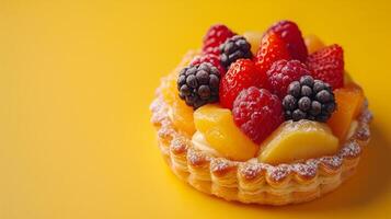 ai généré minimaliste photo mettant en valeur une Célibataire Pâtisserie orné avec vibrant, Frais des fruits