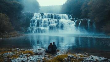 ai généré une couple partage une silencieux moment par une pittoresque cascade. grand fond zone, décentré composition photo