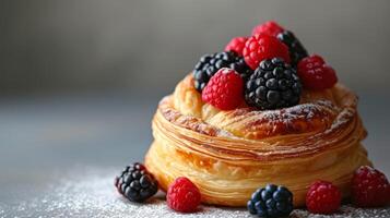 ai généré nettoyer et discret image mise en évidence le séduire de une Pâtisserie orné avec mûr baies photo