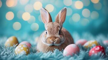 ai généré nettoyer et discret image de une lapin entouré par Pâques des œufs pour charmant salutation cartes photo