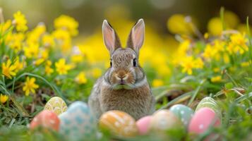 ai généré nettoyer et discret image de une lapin entouré par Pâques des œufs pour charmant salutation cartes photo