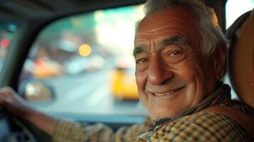 ai généré Facile encore engageant Contexte avec une jovial Taxi conducteur, valoriser le commuer expérience avec une amical visage photo