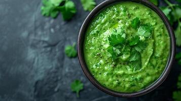 ai généré nettoyer et croustillant image capturer le beauté de Avocat Gaspacho garni avec coriandre photo