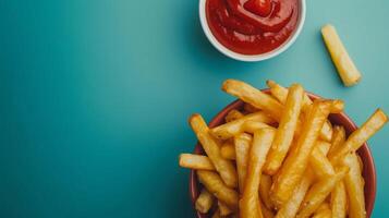 ai généré nettoyer et minimaliste composition se concentrer sur le l'eau à la bouche faire appel de Patate frites photo