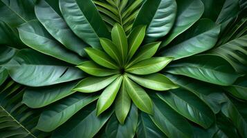 ai généré symétriquement arrangé tropical feuilles sur une minimaliste arrière-plan, représentant équilibre et beauté de la nature photo