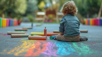 ai généré une silencieux moment de une enfant dessin avec craie sur le allée, la créativité dans chaque coloré ligne photo