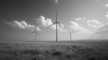 ai généré une serein paysage à pois avec vent fermes, démontrant le potentiel de vent énergie. photo