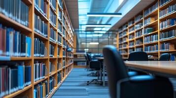 ai généré une étude zone dans le bibliothèque, équipé avec spacieux bureaux et ergonomique chaises pour concentré apprentissage photo