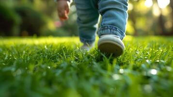 ai généré une le tout-petit premier pas sur une herbeux champ, avec tendu mains atteindre pour équilibre photo