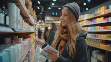 ai généré magnifique Jeune vendeuse aide une acheteur choisir produits de beauté dans une grand produits de beauté boutique grand fond zone photo