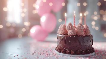 ai généré puéril Chocolat anniversaire gâteau avec bougies sur blanc sol dans le premier plan photo