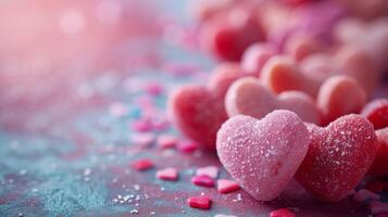 ai généré Créatif arrangement de bonbons cœurs, convoyer messages de l'amour et douceur photo