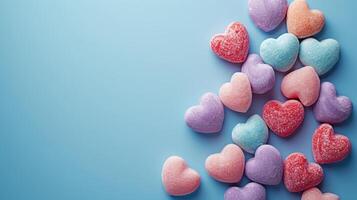 ai généré Créatif arrangement de bonbons cœurs, convoyer messages de l'amour et douceur photo