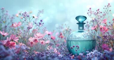 ai généré parfum bouteilles dans coloré floral arrangement photo